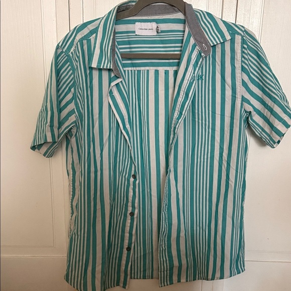 Calvin Klein Jeans Other - Calvin Klein Jeans Teal and White Striped Short-Sleeve Shirt Size XL( 18-20)